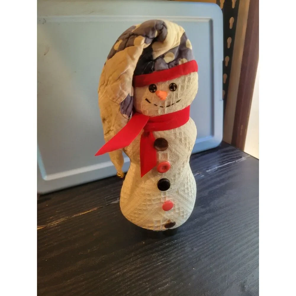 Vintage Fabric Quilted Snowman Plush Figurine Stocking Cap Jingle Bell